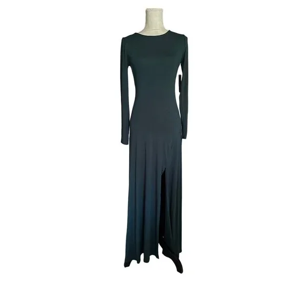 Lulus Swept Away Forest Green Long Sleeve Maxi Dress With Side Slit Classy NWT